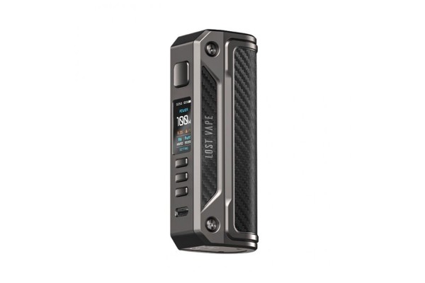 Lostvape Thelema Solo 100W Mod gri karbon fiber kaplama, dijital ekranlı.