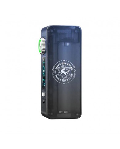 Lost Vape Centaurus N100 Mod koyu gri, şeffaf gövde, yeşil ışıklı ayar düğmesi.