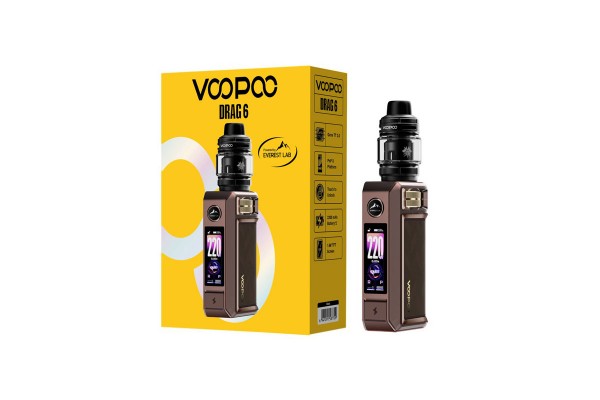 Voopoo Drag 6 Kit kahverengi/bronz elektronik sigara kutusu ve cihazı.